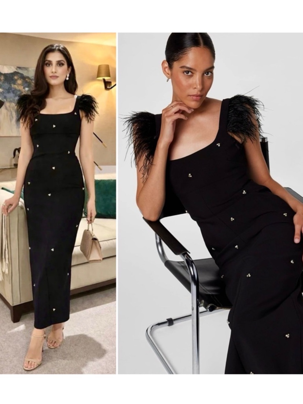 LIKELY Cameron Midi Dress Feather Sleeve Crystal Embellished Black Size 2